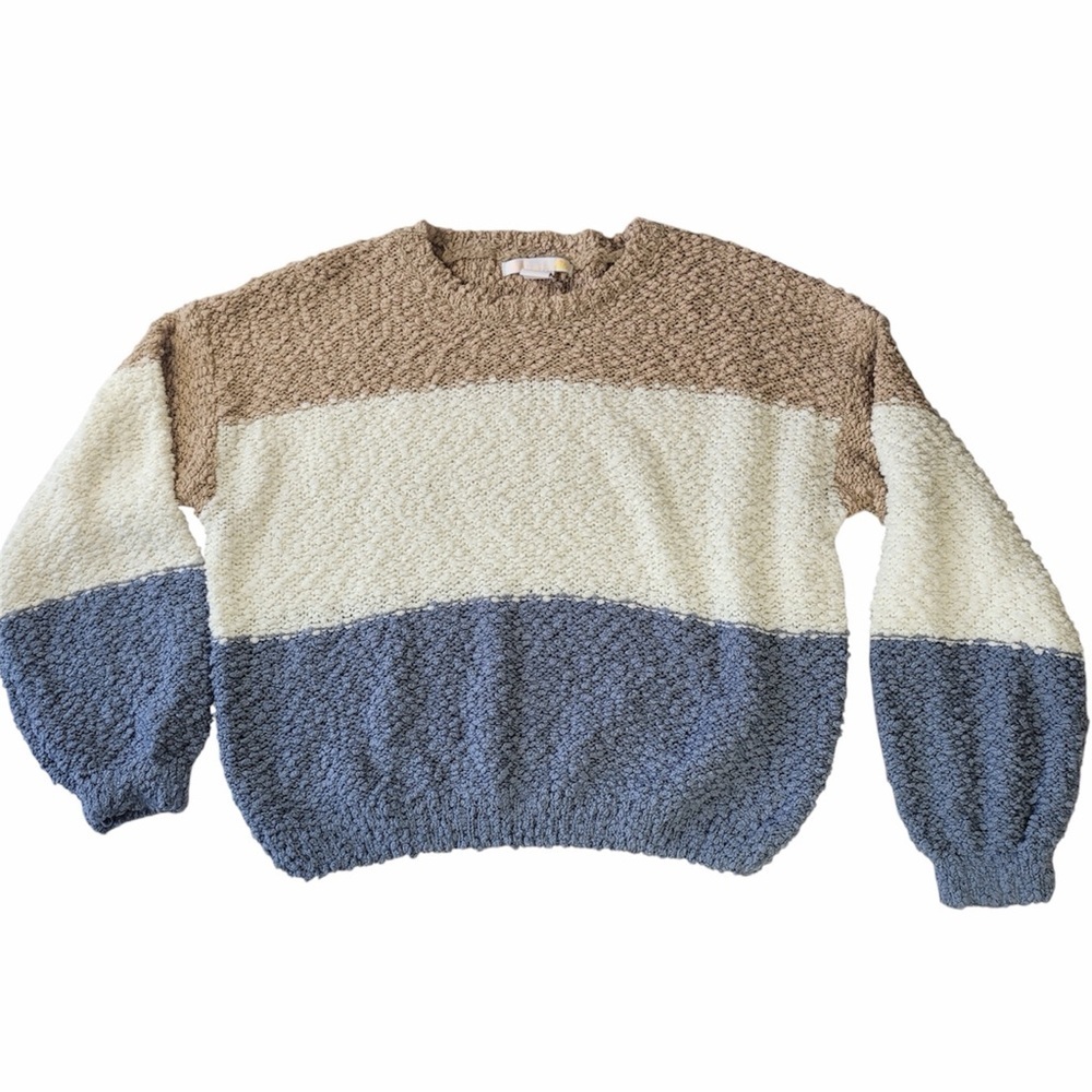✅ NWT C&C California Colorblock Cowl Sweater in Tan, Cream & Blue size M